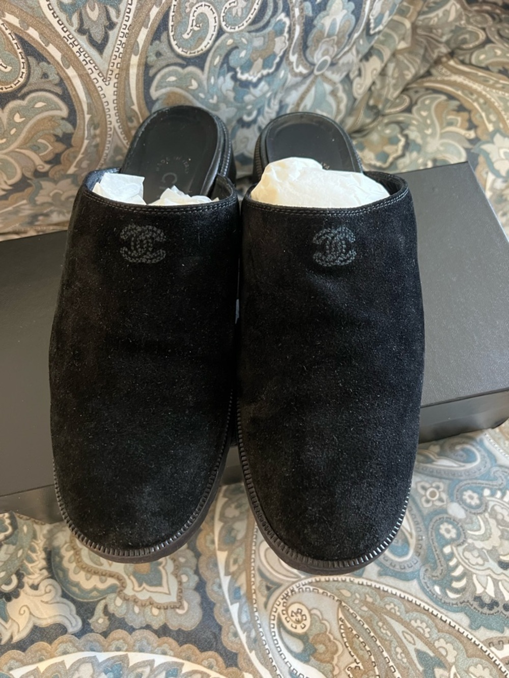 CHANEL Black Suede Slip-On Mules in size 38